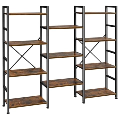 SUPERJARE Triple 4 Tier Bookshelf, Bookcase with 11 Open Display Shelves, Wide Book Shelf Book Case for Home & Office, Rustic Brown Cover