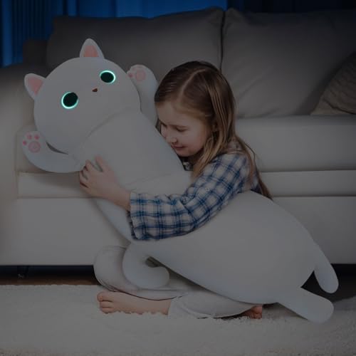Image of MaoGoLan 44'' Cat Plush Body Pillow, Giant Glow in The Dark Cat Stuffed Animal Pillow for Girl Boy Kid, Long Cute Kitty Plush Pillow for Birthday Gift, Baby Shower Party Decor, White