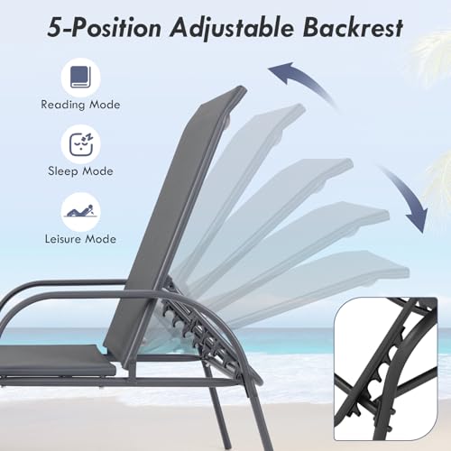 Image of Giantex 2 Pack Patio Lounge Chair, Outdoor Chaise Lounge with 5 Adjustable Backrest, Sturdy Steel Frame, Sunbathing Recliner, Tanning Chair for Beach, Outside, Yard, Balcony, Pool Chairs (2,Dark Gray)