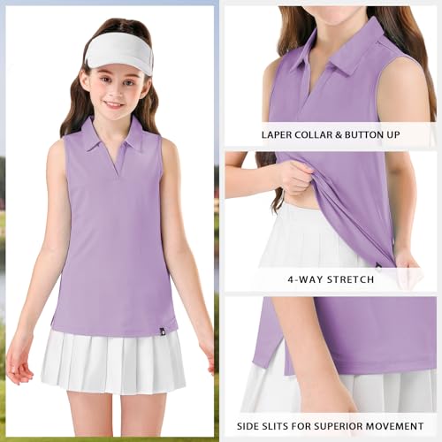 Image of Soneven Girls Sleeveless Polo Shirts Button UP Golf Tennis T-Shirts with Collared Quick Dry Tank Tops for 4-14 Years