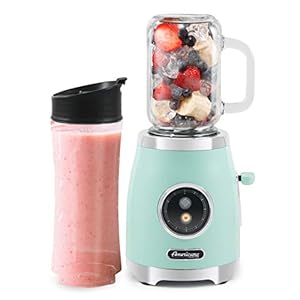 Americana EPB399C by Elite Glass Mason Jar Blender with 17oz Jar + 20oz. Sports Bottle, Blend Personal Smoothie, Crush Ice, Shakes, Keto Protein, 300 Watts