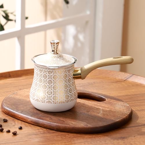 Angju Turkish Coffee Pot with Lid Stainless Steel Turkish Coffee Maker Milk and Coffee Warmer Arabic Briki Coffee Pot Chocolate and Butter Melting Pot with Heat Resistant Handle 550 ML