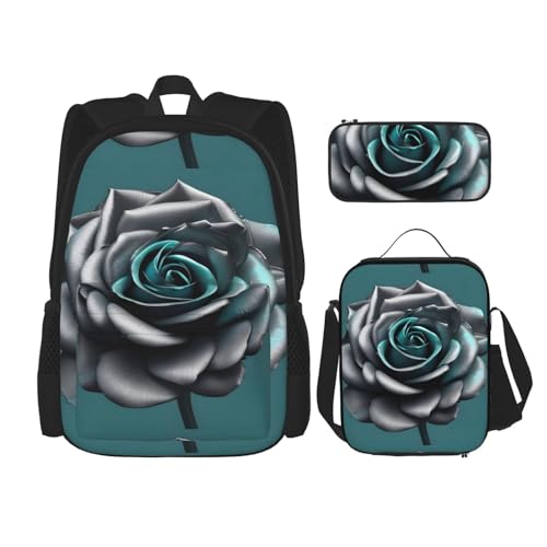 YHBLYKXP Teal Gray Rose Flower print 3-Piece Casual Backpack Set (Backpack + Waist Bag + Small Pouch), Unisex Daypack