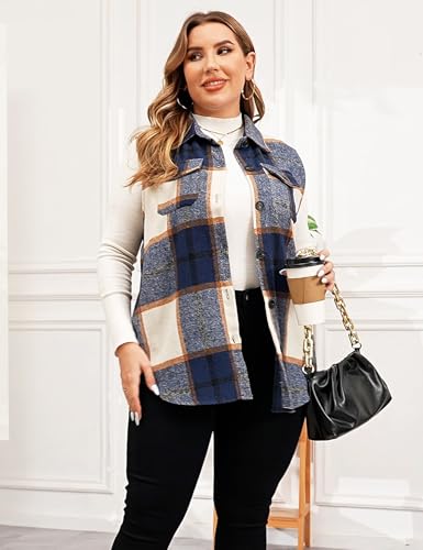 ZOMVA Plus Size 1X-5X Women's Flannel Plaid Long Vest Button Down Sleeveless Jacket Shacket Coat Casual Fall Fashion Outfits2