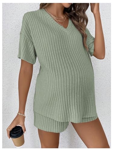 Image of MakeMeChic Women's Maternity 2 Piece Outfits Summer Short Sleeve Rib Knit Tee Top and Short Lounge Sets Clothes