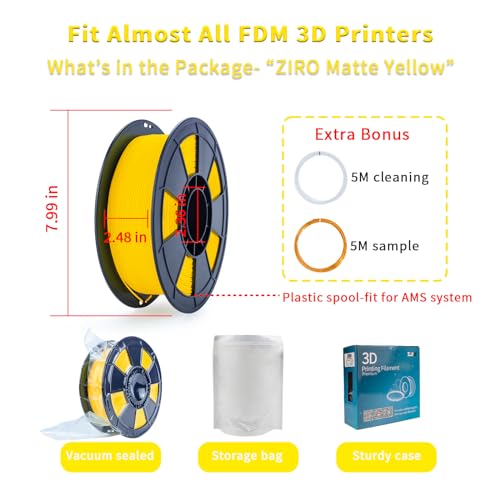 Image of ZIRO Matte PLA Filament 1kg, No-Shine High Toughness Material, Yellow | Fit for Most FDM 3D Printer, 1.75mm 1KG Spool, Dimensional Accuracy + /-0.03mm, Colorful PLA FilamenT
