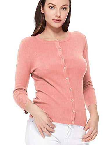Image of Women's 3 /4 Sleeve Crew Neck Button Down Stretch Knit Cardigan Sweater (S-3XL)