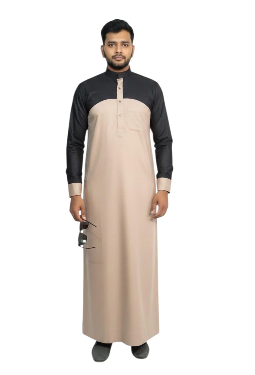 Men's Traditional Saudi Style Thobe Jubba, Light Brown and Black Two-Tone Design, Full Sleeve Islamic Dress with Chest Pocket, Wedding and Formal Wear skin colour-image-32