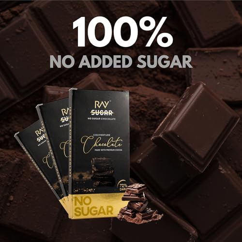 Image of RAY No Added Sugar 72% Couverture Chocolate 100g | Premium Dark Chocolate Bar | Sweetened with Stevia | Rich Cocoa Gourmet | Healthy Bar for Gifting & Snacking
