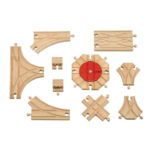 maxim enterprise, inc. Expansion Wooden Train Tracks Switch with Railway Crossing Track, Genuine Hardwood Tracks Compatible with Thomas & Friends, Brio Train Accessories, Melissa and Doug, 11 Piece