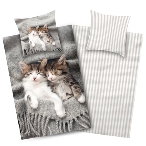 Aminata kids Mikrofaser Bettwäsche Katze 135x200 Mädchen Jugendliche mit Reißverschluss - Bügelfrei - vorteilhaft für Allergiker - Kätzchen - grau gestreift
