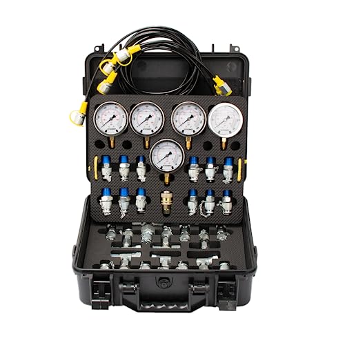 Image of Hydraulic Pressure Test Kit, 150 /1500 /4000 /6000 /10000 PSI, 5 Guages & 13 Test Couplings & 14 Tee Connectors & 5 Test Hoses, Hydraulic Pressure Guage Kit, for Excavator Construction Machinery