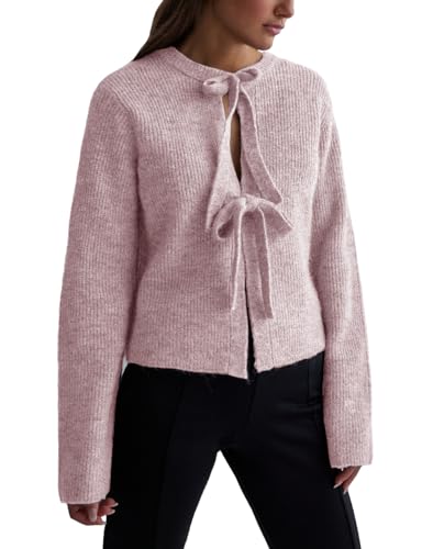 Image of Women's Cropped Ribbed Knit Cardigan Long Sleeve Bow Tie Front Open Front Knitwear Top