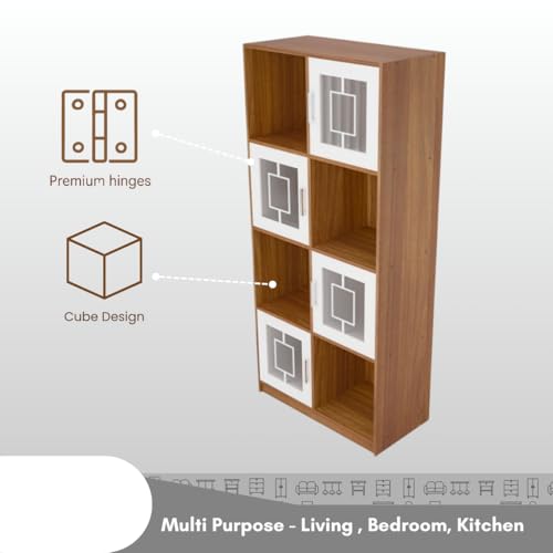 Image of Cube Polycarbonate Sheet Engineered Wood Open & Closed Bookshelf | Display Unit | Open 4 Shelves & 4 Door Cabinet Storage for Home & Office|1 Year Warranty (Finish - Leon Teak, Knock Down)