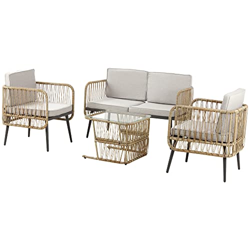 Outsunny Ensemble Salon de Jardin 4 pièces canapé 2 Places + 2 fauteuils + 1 Table Basse Plateau Verre trempé 8 Coussins - résine tressée et métal - Beige