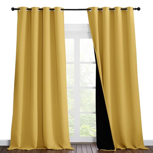 Image of NICETOWN 100% Blackout Blinds, Set of 2, 52 inches x 102 inches, Laundry Room Decor Window Treatment Curtains for Large Patio Sliding Door, Thermal Insulated Bright Yellow Curtains for Bedroom