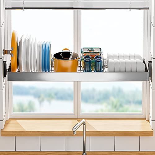Escurridor de platos de pared para cocina, 95 x 25,7 cm, acero inoxidable, una sola capa, con soporte para colgar utensilios, ahorra espacio, duradero, perfecto para lavavajillas