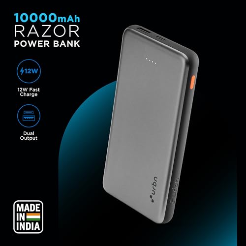 Image of URBN Power Bank 10,000mAh Ultra Slim 12W|Dual Port Type C Micro USB Input /Output|BIS Certified|4-Layer Circuit Protection|6-Month Replacement Warranty|Made in India|Free Type C Cable - Grey