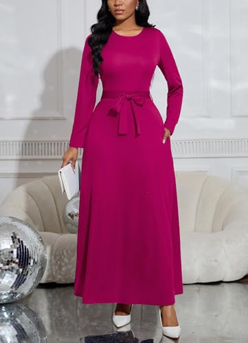 Image of BubFee Long Dress for Women Casual Long Sleeve Dresses Maxi Dress Empire Waist Loose with Belt