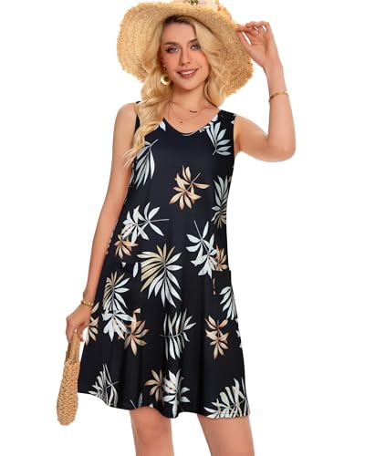 Image of elescat Womens Summer Dresses Casual V Neck Sleeveless Pockets Beach Loose Tank Sundress 2026