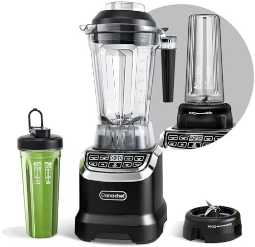 AMZCHEF 1800W Batidora Profesional con Panel de Control Inteligente, Pro-Blend 6 Cuchillas 3D Mejoradas - 1,85 L y 600 ml Blend Botella para 2 Formas de Mezcla, Negro