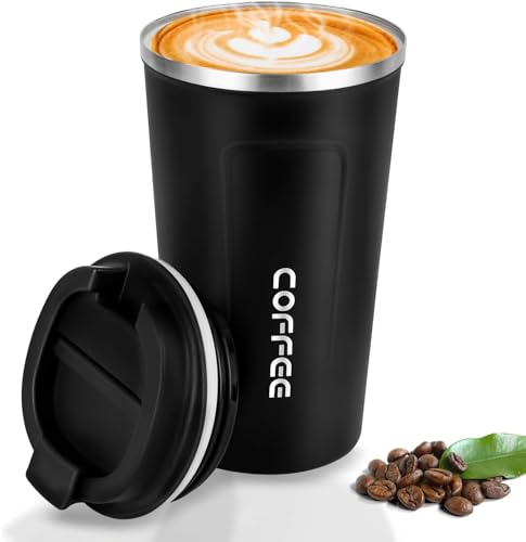Image of Roslen Insulated Coffee Cup with Leak Proof Lid, Double Walled Travel Mug Vacuum Insulation Stainless Steel with Leakproof Lid Reusable Cup for Coffee, Tea, Beer for Hot and Cold (Black)