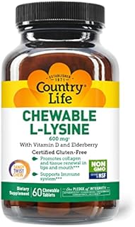 Country Life Chewable L-Lysine 600mg - 60 Chewable Tabs - Supports Immune Health - Supports Natural Collagen Production - Vitamin D - Elderberry - Great Taste