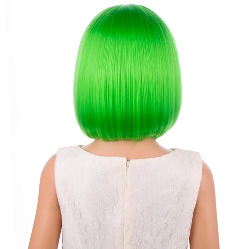 Image of PATTNIUM Children Neon Green Wig with Bangs for Kids Girls Short Green Bob Wigs Synthetic Halloween Wigs