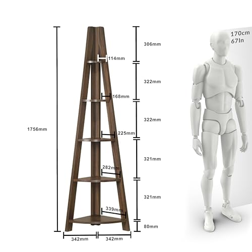 Image of DeckUp TIVA Engineered Wood Corner Ladder Book Shelf (Walnut, Matte Finish)