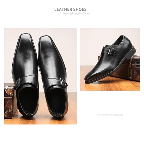 Image of Men's Leather Square Toe Monk Strap Loafers,Classic Slip on Dress Shoes,Low Top Formal Business Oxford Shoes