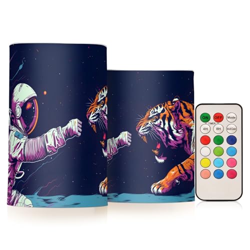 Cosmonaut Fight with Alien Tiger Flickering Flameless Candles Battery Operated with Remote Timer,Tea Light Candles LED Pillar Votive Candles set of 2 for Outdoor Indoor Decor