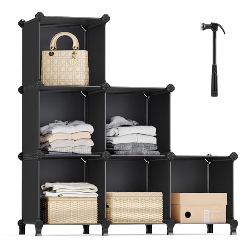 Image of SONGMICS 6 Cube Storage Organizer, Modular Bookshelf, Plastic Shelves | DIY Closet Organizers and Storage, with Feet and Rubber Mallet, Black, ULPC06H