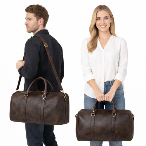 Image of Premium Leather Duffle Bag for Men & Women | Travel & Gym Weekender Bag with Adjustable Shoulder Strap | Stylish Overnight & Cabin Bag - Brown (Brown)