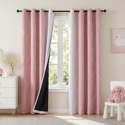 Image of MYSKY HOME Pink and Greyish White 95% Blackout Ombre Curtains 90 inch Long 2 Panels for Girls Bedroom Geometric Pattern Black Out Thermal Insulated Wave Line Foil Print Grommet Window Curtains, 52 inch W