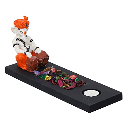 Image of eCraftIndia Orange White Resin Lord Ganesha Idol Playing Tabla Showpiece Potpourri Rectangle Tea Light Candle Holder| Ganpati Murti Tea Light Holder Diwali Decoration Items for Home Decor| Diwali Gift