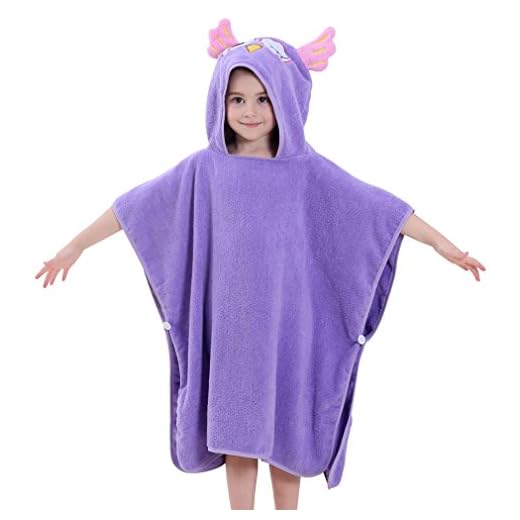 COOKY.D Poncho de baño con capucha, toalla de baño 100% algodón, para 0-6 años, 70 x 70 cm, búho morado