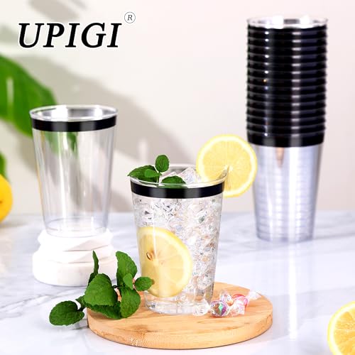 Image of 120 Pcs Black Plastic Cups,12oz Black Rimmed Plastic Cups,Heavy Duty Disposable Plastiic Wine Glasses Cocktail Glasses Premium Cup with Black Rim for Party,Wedding,Christmas