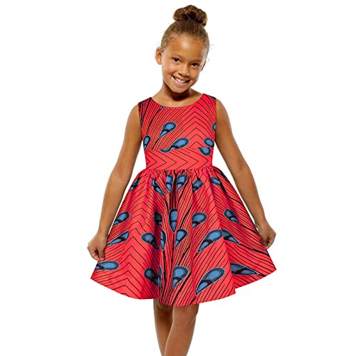 KAGAYD Girls Girls Traditional Outfits Sleeveless Princess African Dress Kids Toddler Ankara Orints (Red-3, 3-4 Years)2