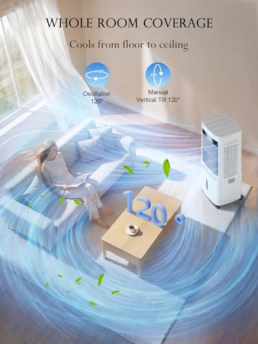 Image of Uthfy 3000CFM Swamp Cooler Air Conditioner, Evaporative Cooler with Dual Water Tanks for 30H Cooling, 120 Oscillating, Ambient Light, 7.0 GAL Detachable Water Tank, 12H Timer, Portable AC for Bedroom