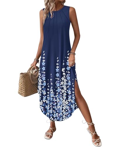 Image of Zeagoo Women Floral Summer Casual Beach Printed Tank Dress with Pockets Pleated Front Long Dress