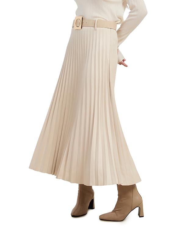 Womens Stylish Faux Suede Effect Pleated Midi Skirt with Belt High Waist with Inseam Side Zipper