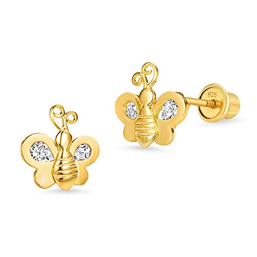 14k Gold Plated Brass Bee Cubic Zirconia Screwback Baby Girls Earrings with Sterling Silver Post