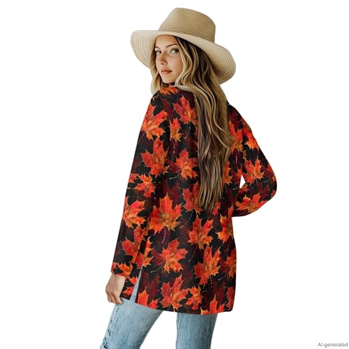 Image of Fall Maple Leaf Cardigan Sweaters for Women Long Sleeve Cardigan Soft Drape Open Front Dusters V-Neck Jackets Dressy