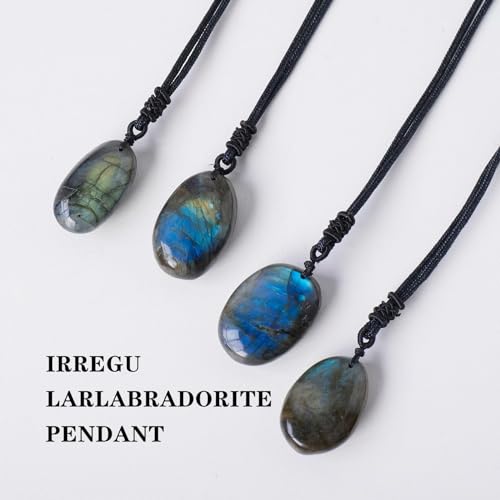 Natural Labradorite Pendant Necklace Healing Crystal Moonstone Polished Stone Pendant with Hand-Woven Rope for Unisex4