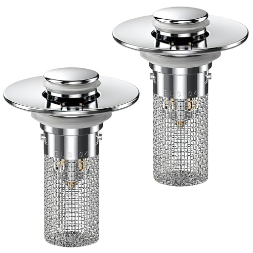 2PCS Bathroom Sink Stopper Hair Catcher, Pop Up Sink Drain Stopper with Strainer & Filter, Universal Drain Plug for Sink Drain & Replacement, Sink Drain Cover with Basket for Bathroom Stopper