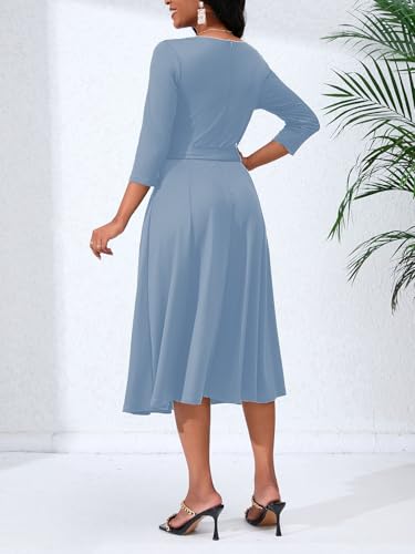 Image of Women's Caual Midi Dress 3 /4 Sleeve Crewneck A-line Swing Dress for Women with Belt for Wedding Guest & Cocktail Party Sky Blue Small