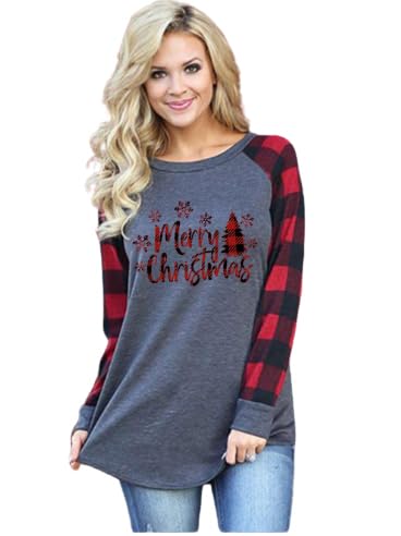 Merry Christmas Shirts for Women Funny 3D Christmas Ugly Sweater Long Sleeve Red Plaid Xmas Holiday Pullover