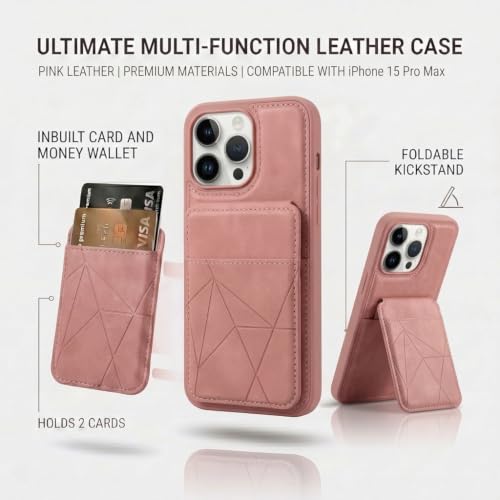 Image of amazon basics Premium Vegan Leather Back Cover with Card Holder and Integrated Mobile Stand for iPhone 15 Pro Max - Slim Shockproof Wallet Case with Geometric Stitching [Pink]