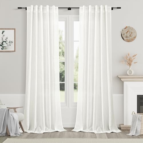 Image of Ivory Linen Curtains 108 Inches Long 2 Panels Set Back Tab Rod Pocket Semi Sheer Cotton Textured Light Filtering Extra Long Curtain Farmhouse High Ceiling Curtains for Living Room 9Ft 40x108
