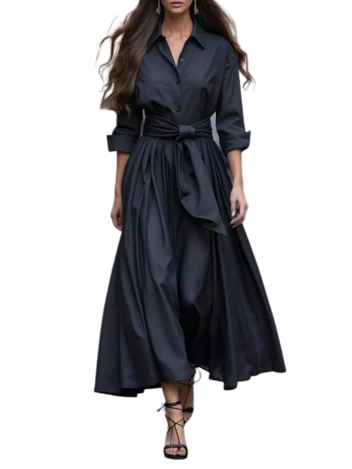 Women Maxi Coat Dress Long Sleeve Belted Lapel Button Down Trench Style Shirt Dress Flared Gown